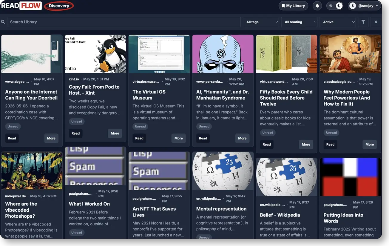 ReadFlow library view in dark mode